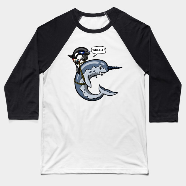 Orca Whale Riding Narwhal Fish Baseball T-Shirt by underheaven